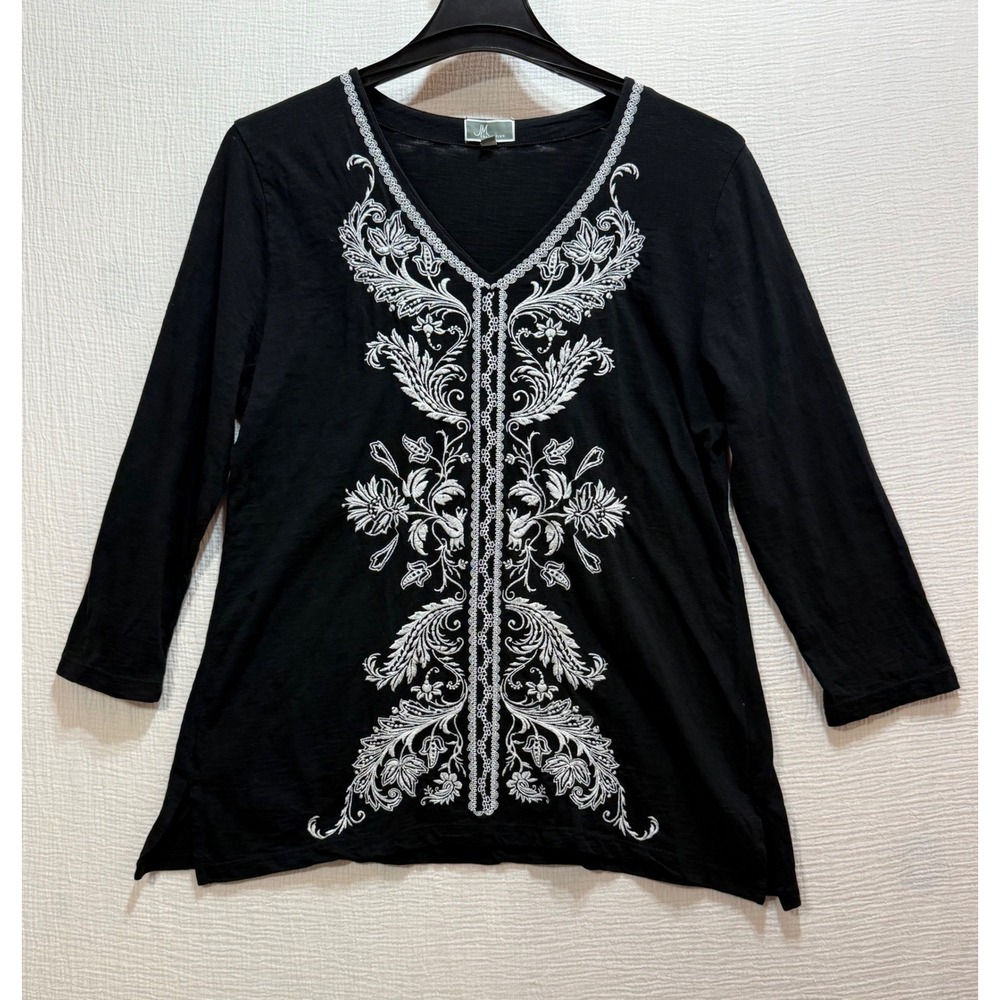 JM Collection Embroidered Top Women L Black White Floral V-Neck 3/4 Sleeve‎ Boho